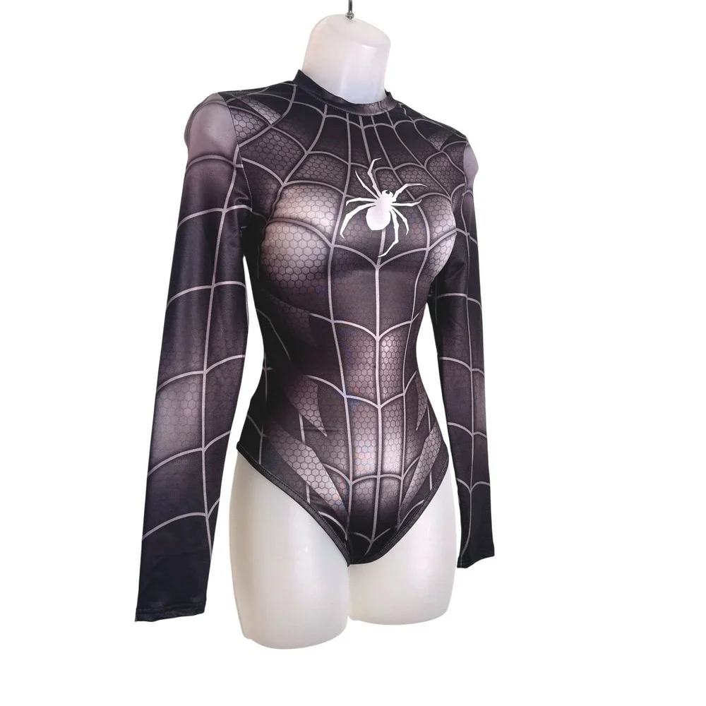 New Small Black‎ Spider Web Long Sleeve Bodysuit Spiderman Superhero Costume